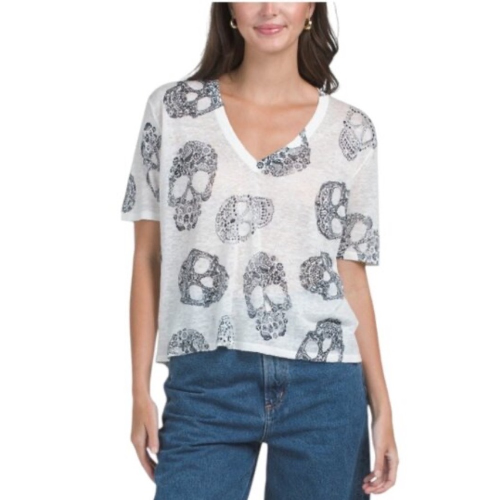 New Skull Cashmere White/Charcoal RUMA Linen Skull BOHO Top Size L - Picture 2 of 15